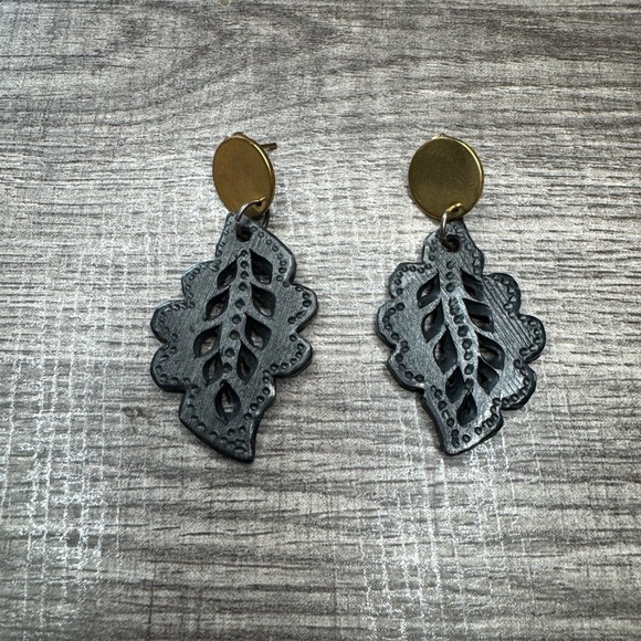 Black clay Black and Gold Leaf Earrings - Picture 2 of 4